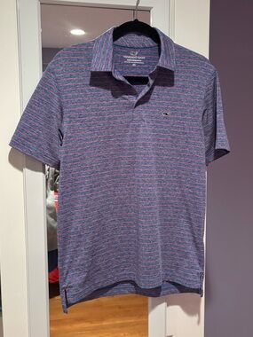 Vineyard Vines Men's Blue and Red Striped Polo